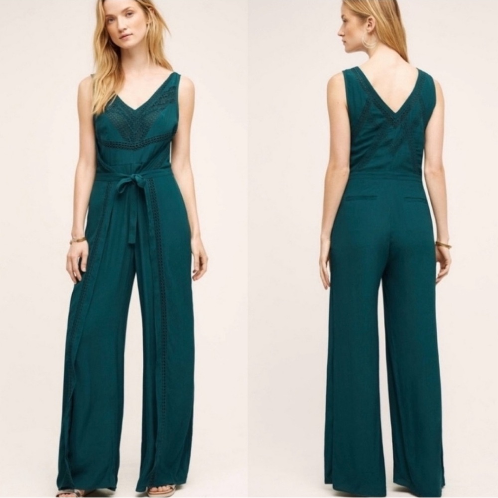Anthropologie Elevenses Sabine Deep Teal V-Neck Jumpsuit